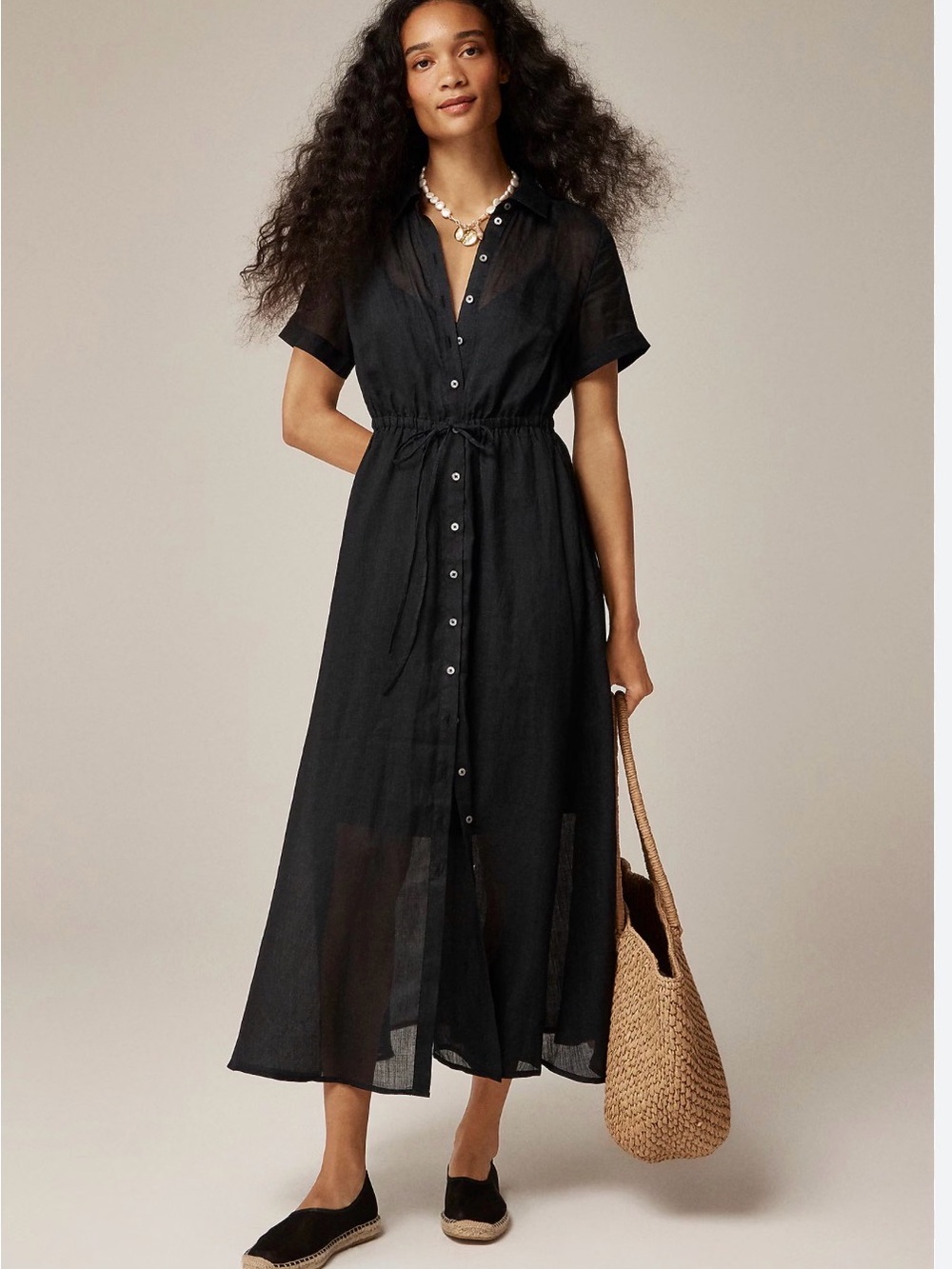 J.CREW Cerise Shirt-Dress in 100% Ramie, Black, Sheer Gauzy Beach Coastal Size 4